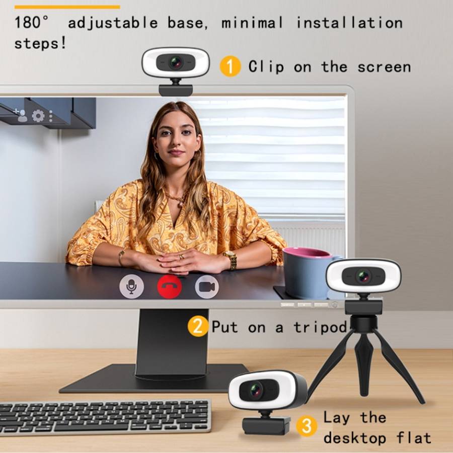 C10 2K HD Without Distortion 360 Degrees Rotate Three-speed Fill Light USB Free Drive Webcams, Bu...