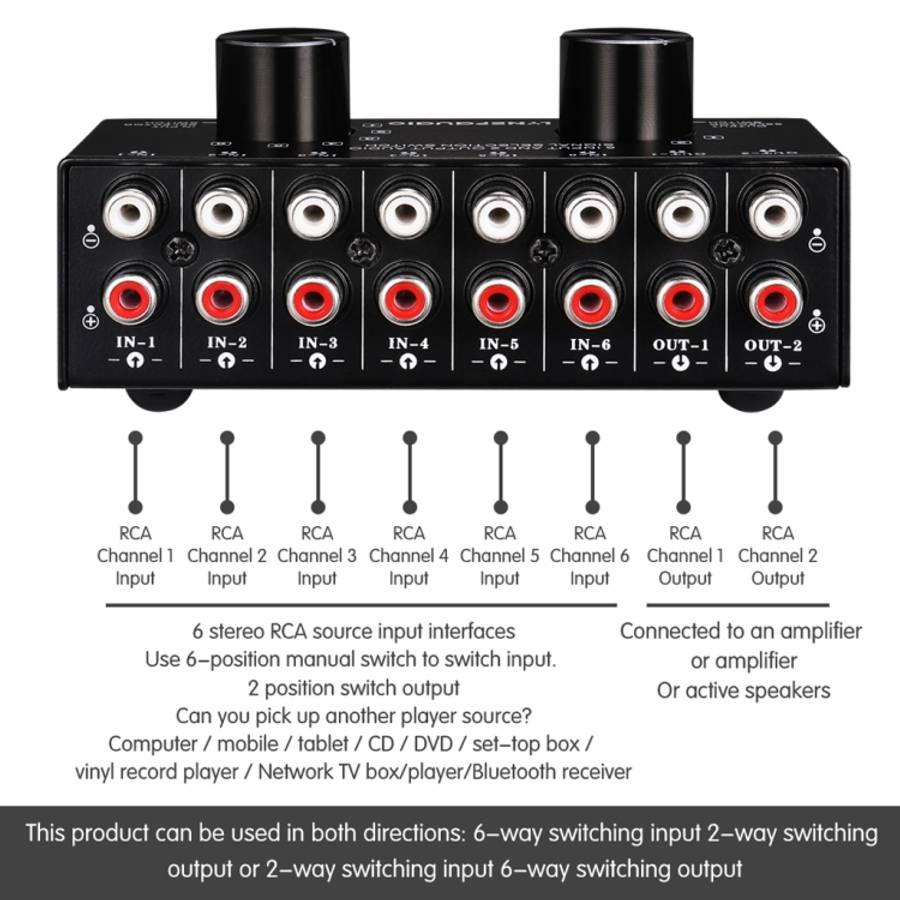 B026 6 Input 2 Output Or 2 Input 6 Output Audio Signal Source Selection Switcher RCA Port