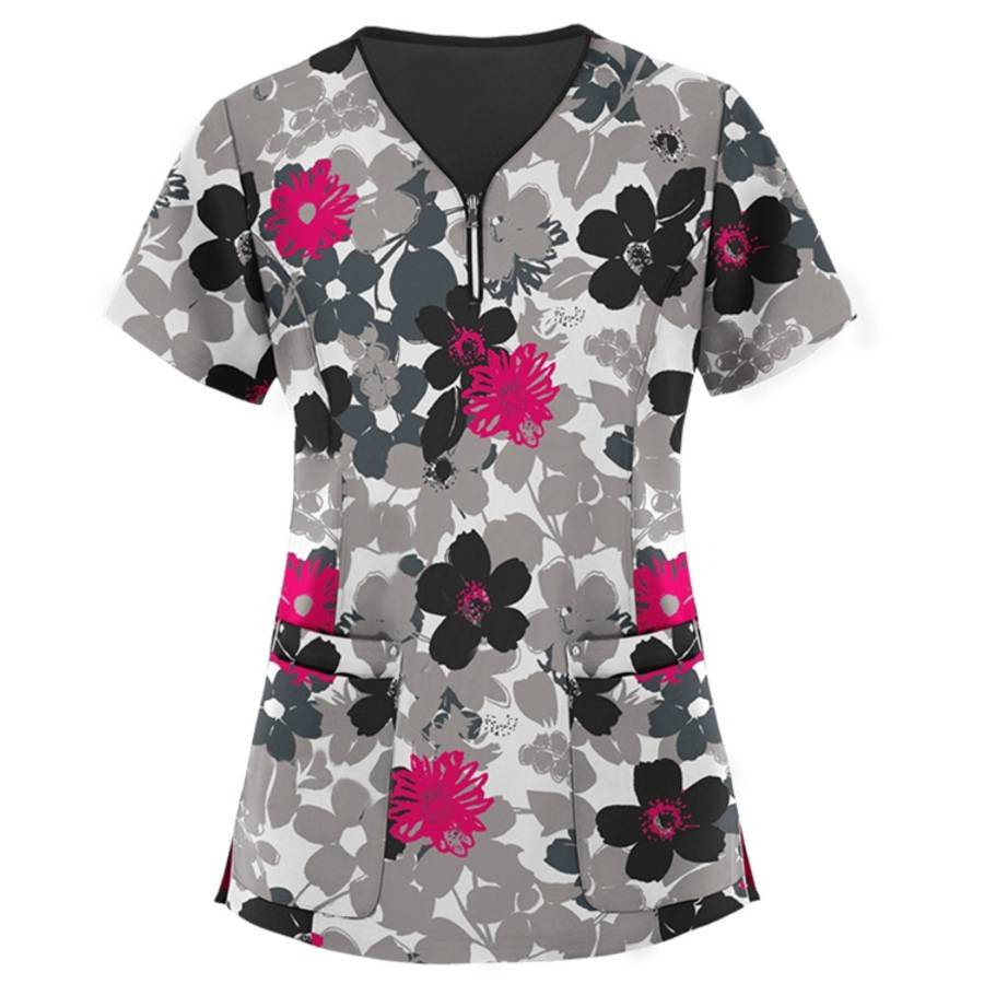 Mid-length Slim-fitting Printed Pullover Nurse Uniform V-neck T-shirt (Color:Pink Size:XXL), S, M...