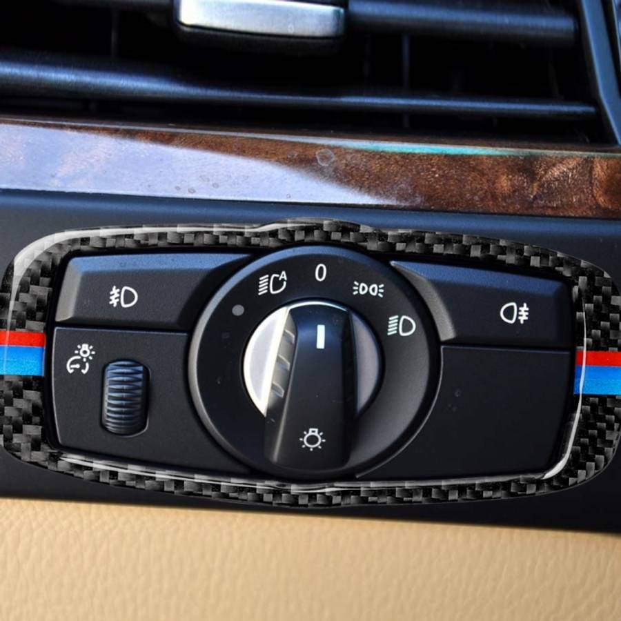 Car Carbon Fiber Tricolor Headlight Switch Frame Decorative Sticker for BMW 2008-2013 X5 E70 / X6...