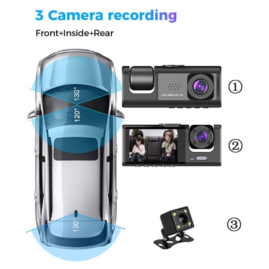 A1 3-lens Video HD Night Vision Car Driving Recorder, with Rear View Camera