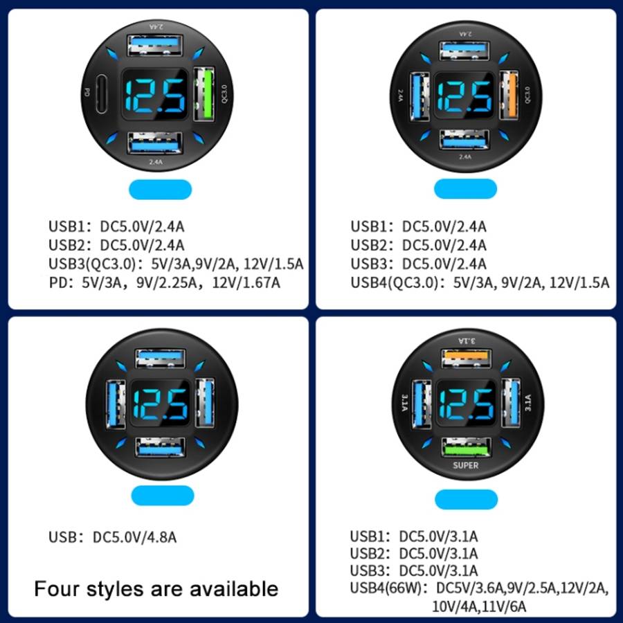 4 in 1 USB QC3.0 Digital Display Car Fast Charger