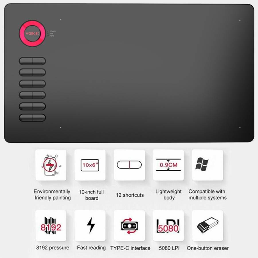 VEIKK A15 10x6 inch 5080 LPI Smart Touch Electronic Graphic Tablet, with Type-C Interface, A15 Go...
