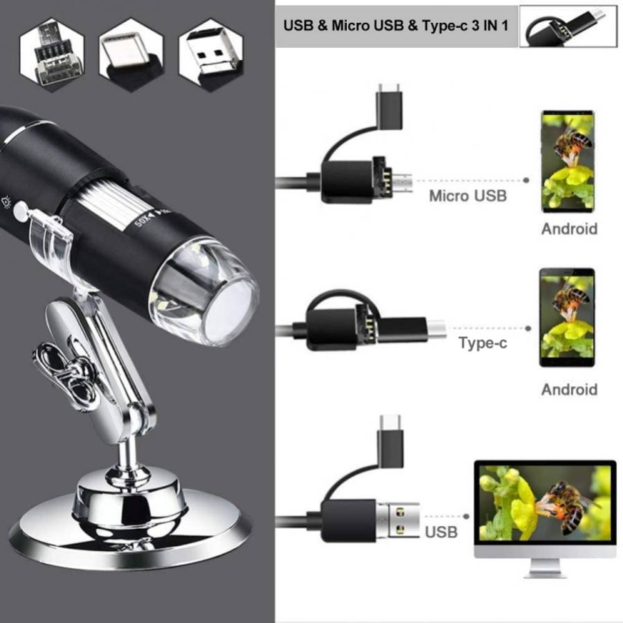 1600X Magnifier HD Image Sensor 3 in 1 USB Digital Microscope with 8 LED &amp; Professional Stand