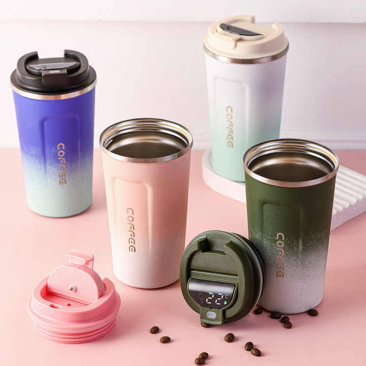 Portable Double Walled Stainless Steel Vacuum Frosted Coffee Tumbler Cup Intelligent Temperature Dis