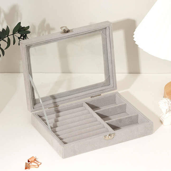 Velvet Transparent Glass Dustproof Rings Earrings Necklaces Jewelry Storage Jewelry Display Box