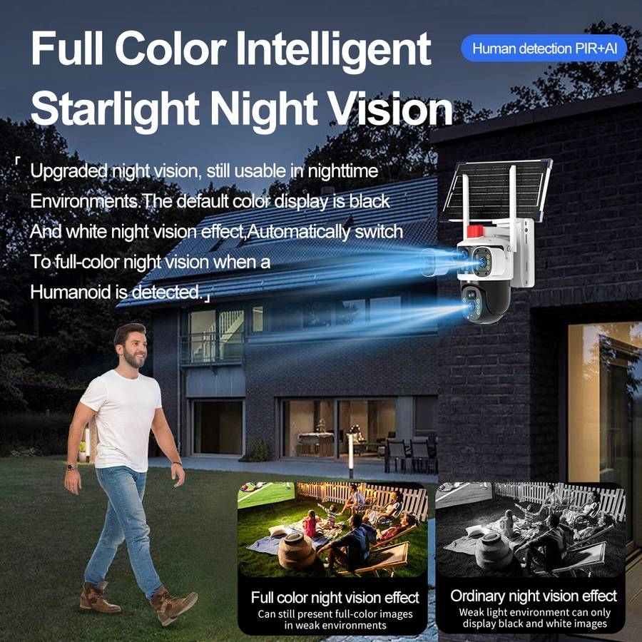 V380 Outdoor Wifi Solar Panels Security Cameras 4g Sim Card PTZ Surveil Camera Floodlight Motion Det