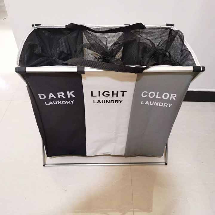 Laundry Basket Hamper 3 Section Dirty Clothes Hamper with Mesh Cover Foldable Aluminum Frame Laundry