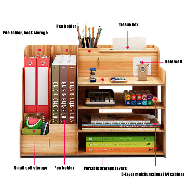 Multi-function Desktop Organizer Wooden Storage Box