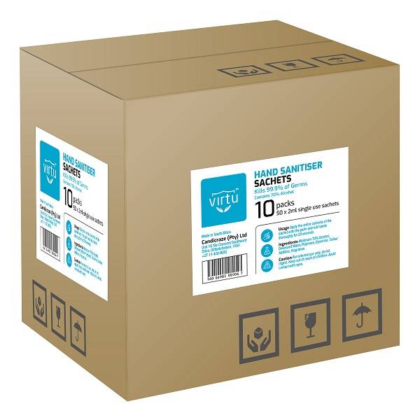Virtu Hand Sanitiser Sachets | 500 x 2ml Single-use sachets