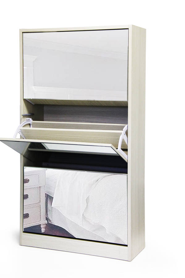 Fine Living Mirror Shoe Cabinet - 3 Tier - Grey/Wh