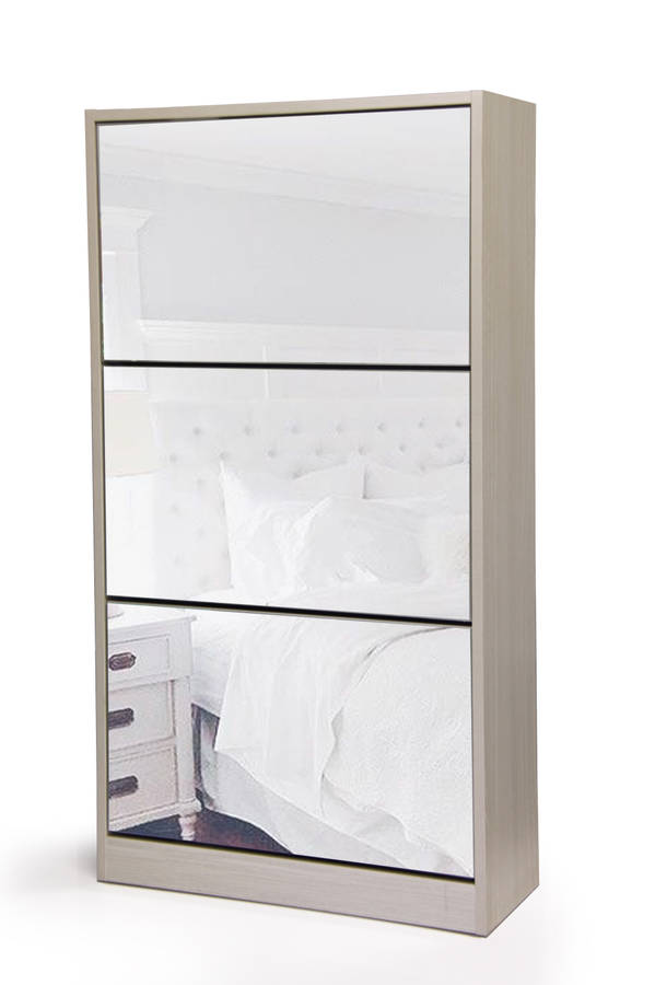 Fine Living Mirror Shoe Cabinet - 3 Tier - Grey/Wh