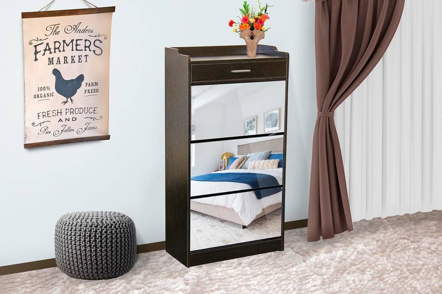 Mirror Shoe Cabinet - 3 Tier with Draw - Wenge