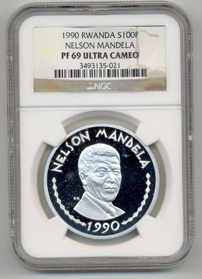 Nelson Mandela RWANDA *** Silver 100 Francs - 1990 *** PF69 UC *** 2nd Highest Grade