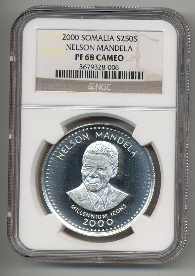 2000 *** SILVER 250 Shillings *** PF68 CAMEO *** Somalia - Nelson Mandela - Millenium Icon