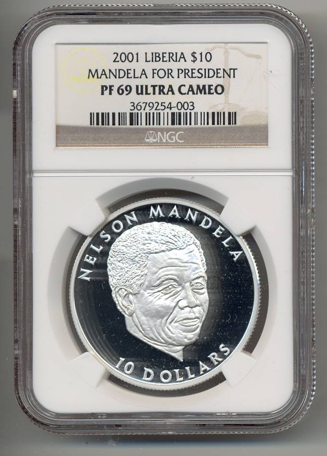 "MANDELA for President" *** SILVER $10 *** PF69 UC *** Liberia 2001