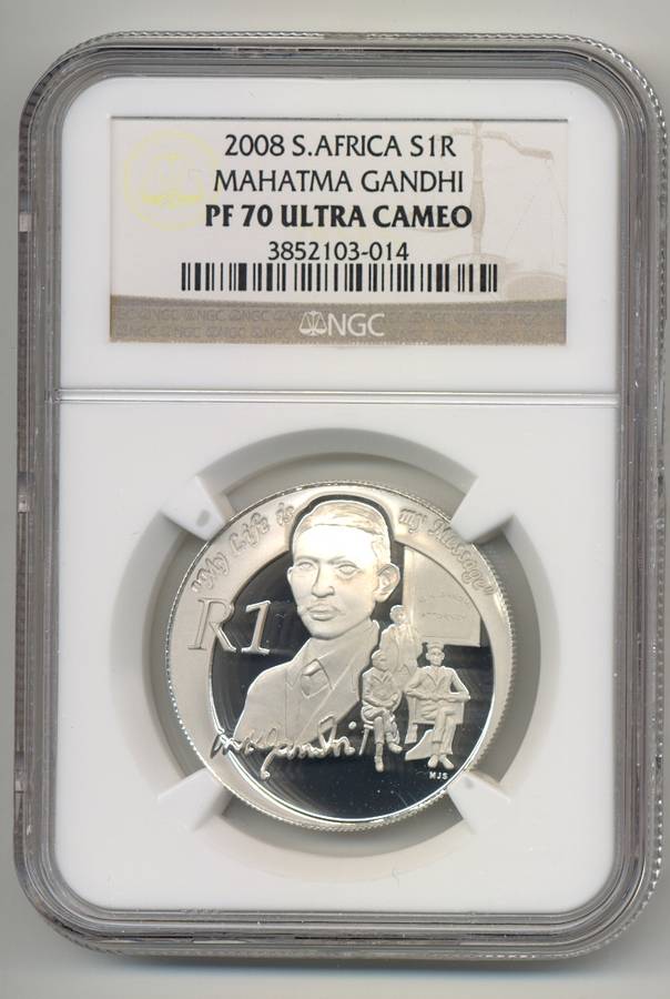 SILVER 1 RAND SALE *** 2008 MAHATMA GANDHI - PF70 Ultra Cameo *** Highest grade