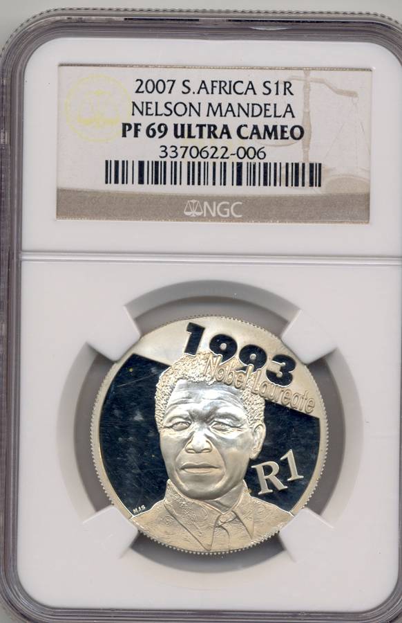 SILVER 1 RAND *** 2007 MANDELA Nobel Laureate - PF69 Ultra Cameo *** 2nd Highest Grade