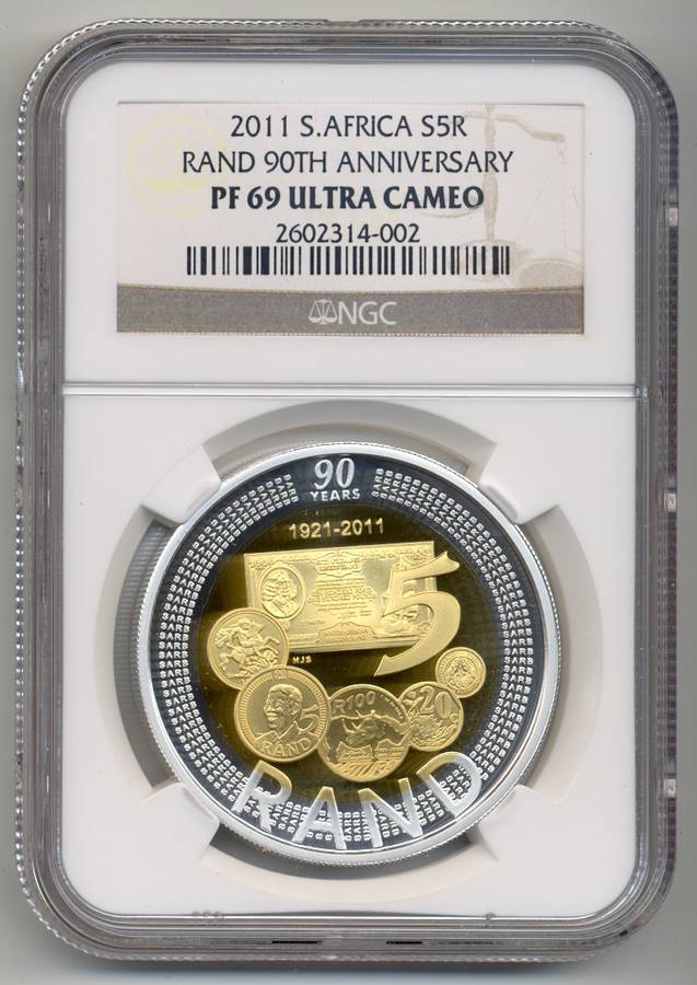 2011 *** Silver R5 *** PF69 UC *** SARB 90th Anniversary Bi-Metal crown *** silver & gold-plating
