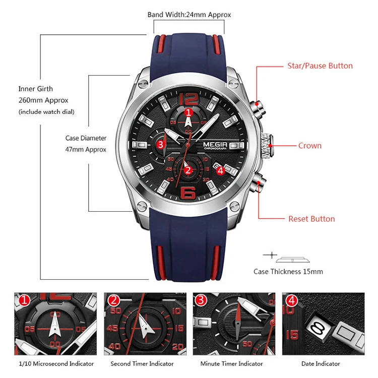 Megir 2063 Top Luxury Brand Watches Men Classic Silicone Strap Sport Calendar Waterproof Chronograph Fashion Quartz Watch Hot