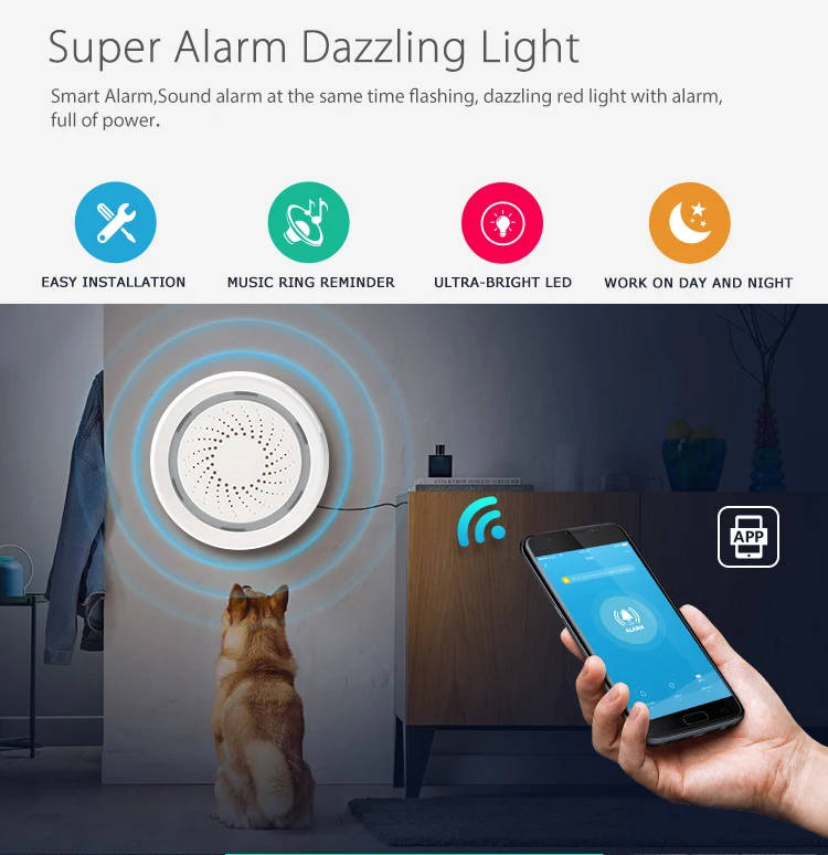 Smart Life APP Wifi Controlled 100dB Siren Alarm Sensor System Supports Echo Show and Google Home