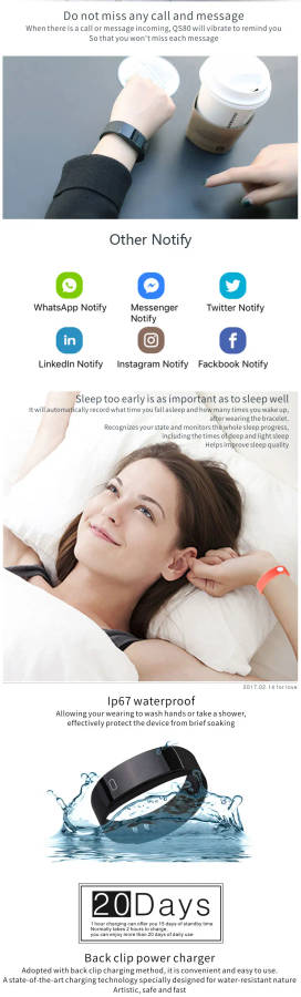 QS80 Bluetooth Altimeter Smart Band Bracelet Wristband Heart Rate blood pressure UV detector