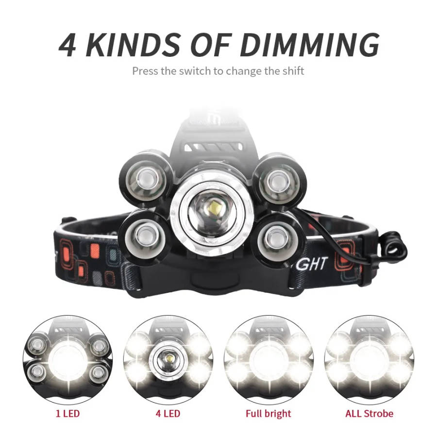 Super Bright 5 Led Headlamp XML T6+4Q5 18650 USB Rechargeable High Power Led Headlamp