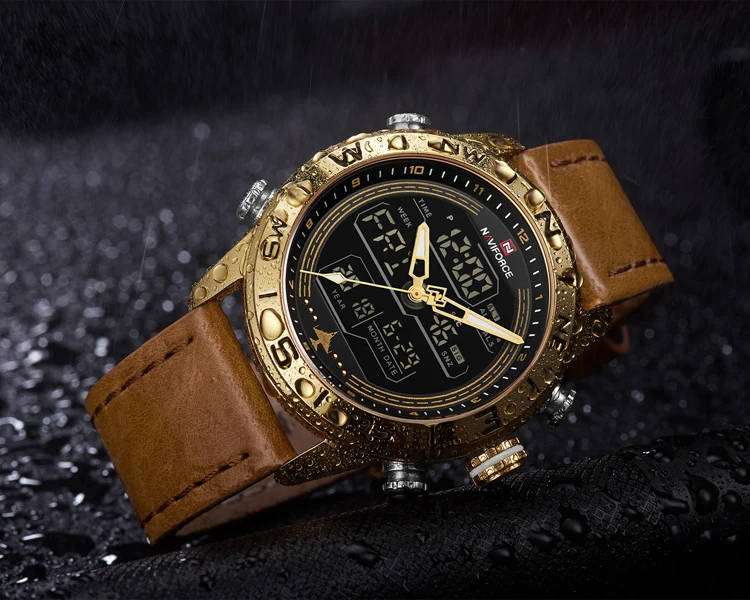 Luxury Brand Men NAVIFORCE 9144 Gold Army Military Watch Led Digital Leather Sports Watches Quartz Mens Clock Relogio Masculino