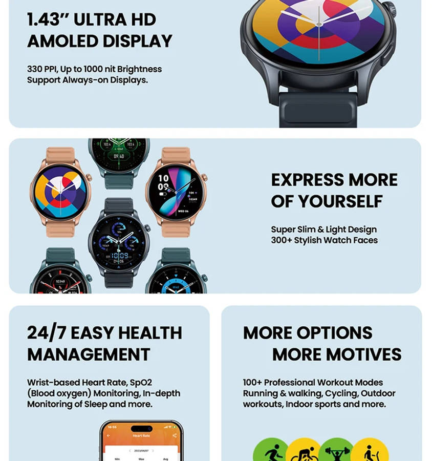 Zeblaze Btalk 3 Pro AMOLED Display Hi-Fi Bluetooth Phone Calls Health and Fitness Tracking Smart Watch