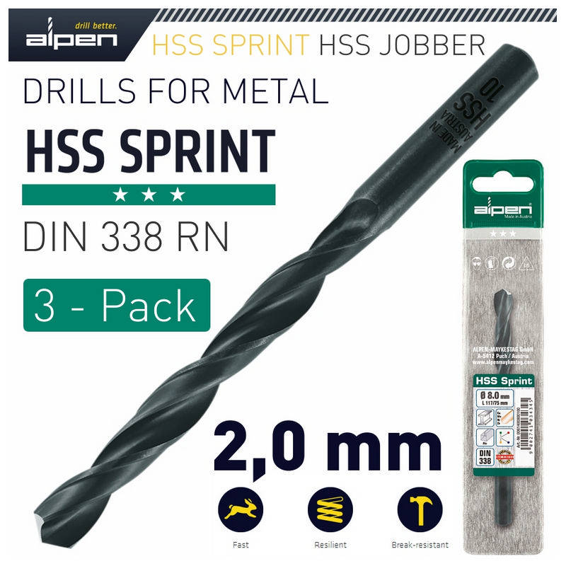 Alpen HSS Sprint Drill Bit 2mm 3/Pack