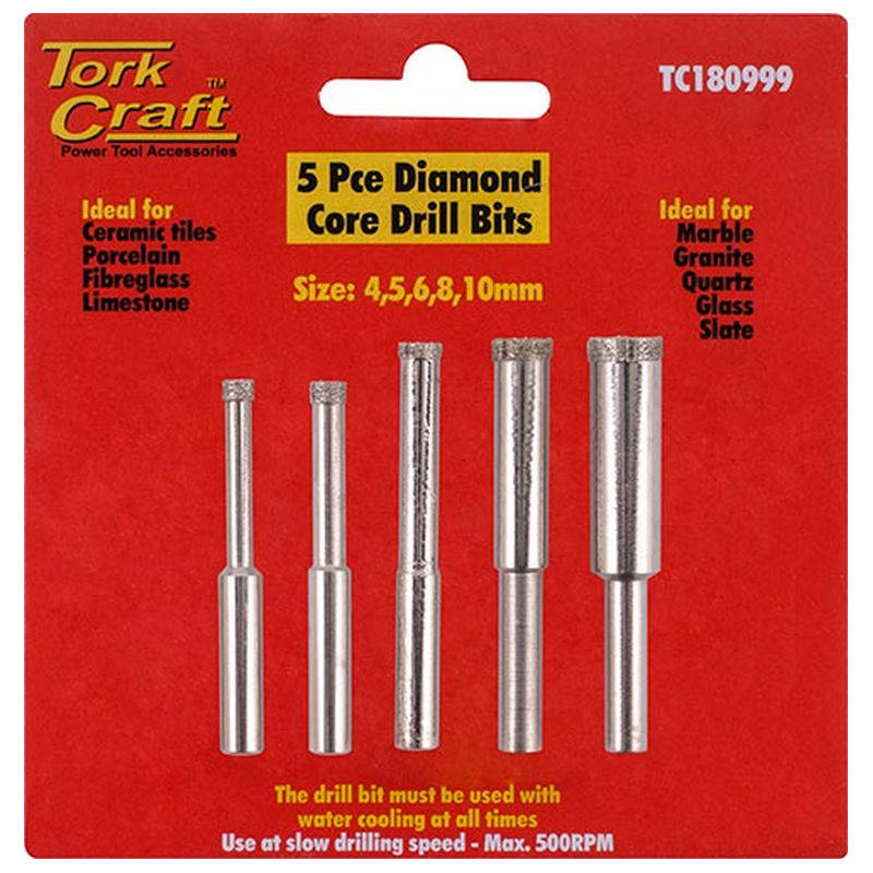 Tork Craft Diamond Electro Plated Core Drill Set 4.5.6.8.10mm In Blister