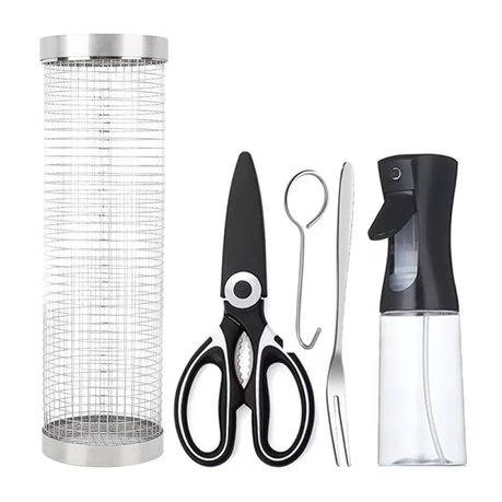 Rotating Braai Basket Set - Kitchen Shears, Oil Sprayer & Tools