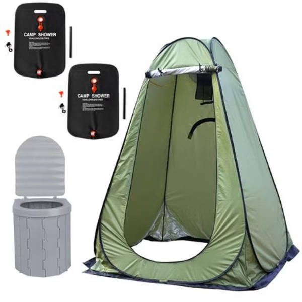 Pop-Up Camping Shower Tent With Toilet &amp; 2 Sun Showers (150 x 150 x 190CM)