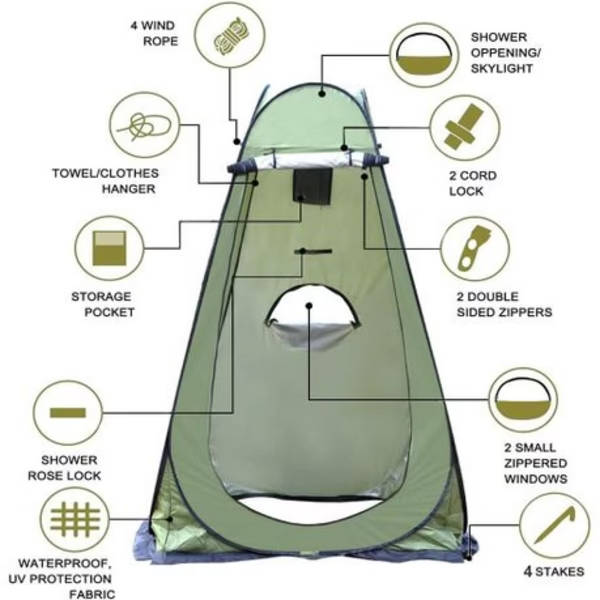 Pop-Up Camping Shower Tent With Toilet &amp; 2 Sun Showers (150 x 150 x 190CM)