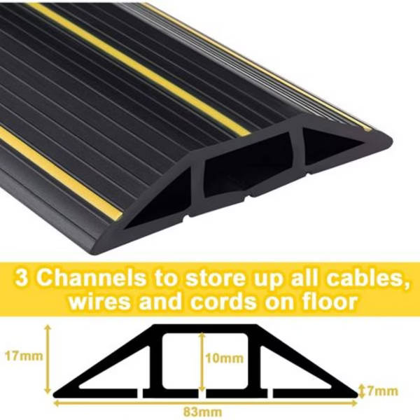 Heavy Duty 3m PVC Cable Floor Cover - 3 Channels with Yellow Safety Lines