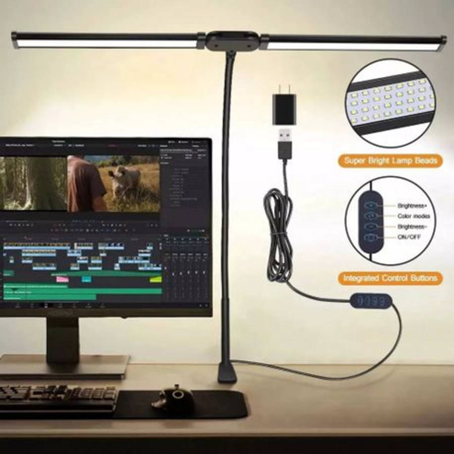 Flexible Double Head USB Desk Clamp LED Lamp - 3 Colour Modes, Dimmable