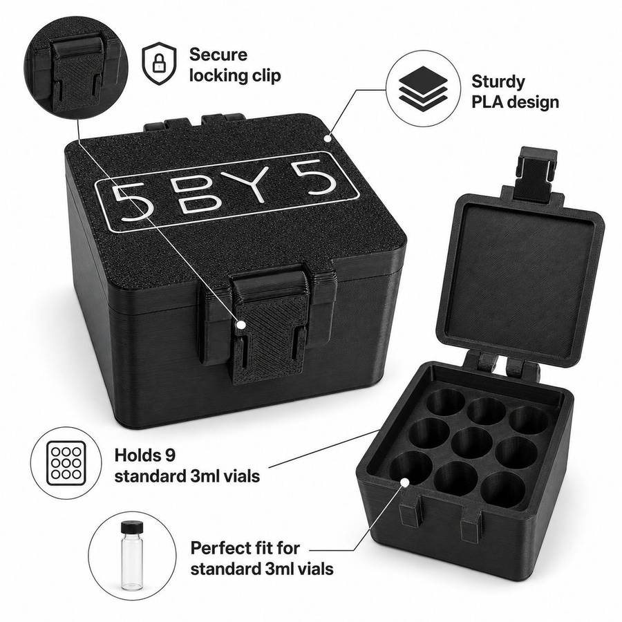 5BY5 Peptide Travel Container Compatible With Standard 3ml Vials - 9 Slot