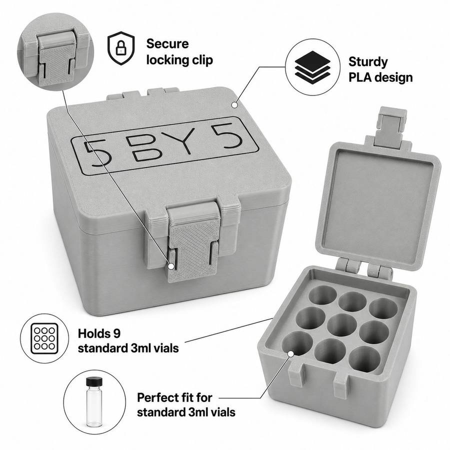 5BY5 Peptide Travel Container Compatible With Standard 3ml Vials - 9 Slot
