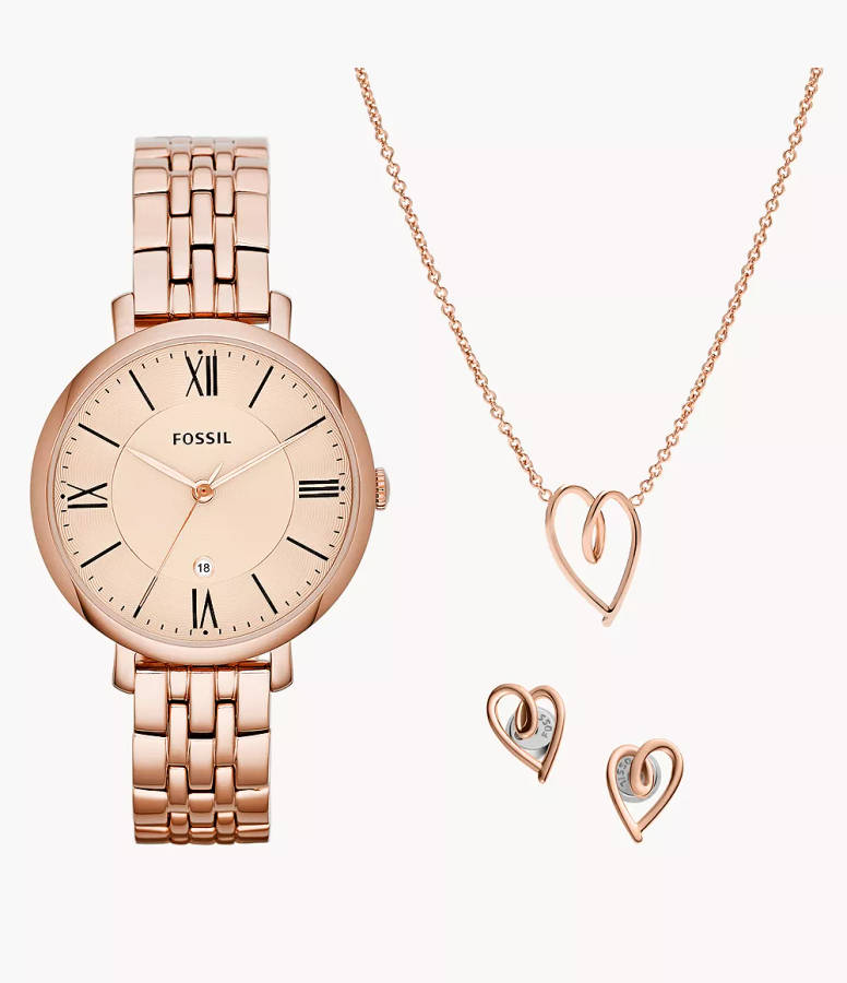 Fossil Jacqueline Three-Hand Date Rose Gold-Tone Stainless Steel Watch and Jewellery Set (ES5252SET)