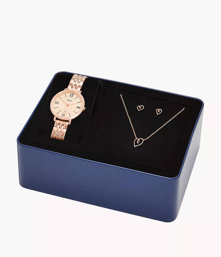 Fossil Jacqueline Three-Hand Date Rose Gold-Tone Stainless Steel Watch and Jewellery Set (ES5252SET)