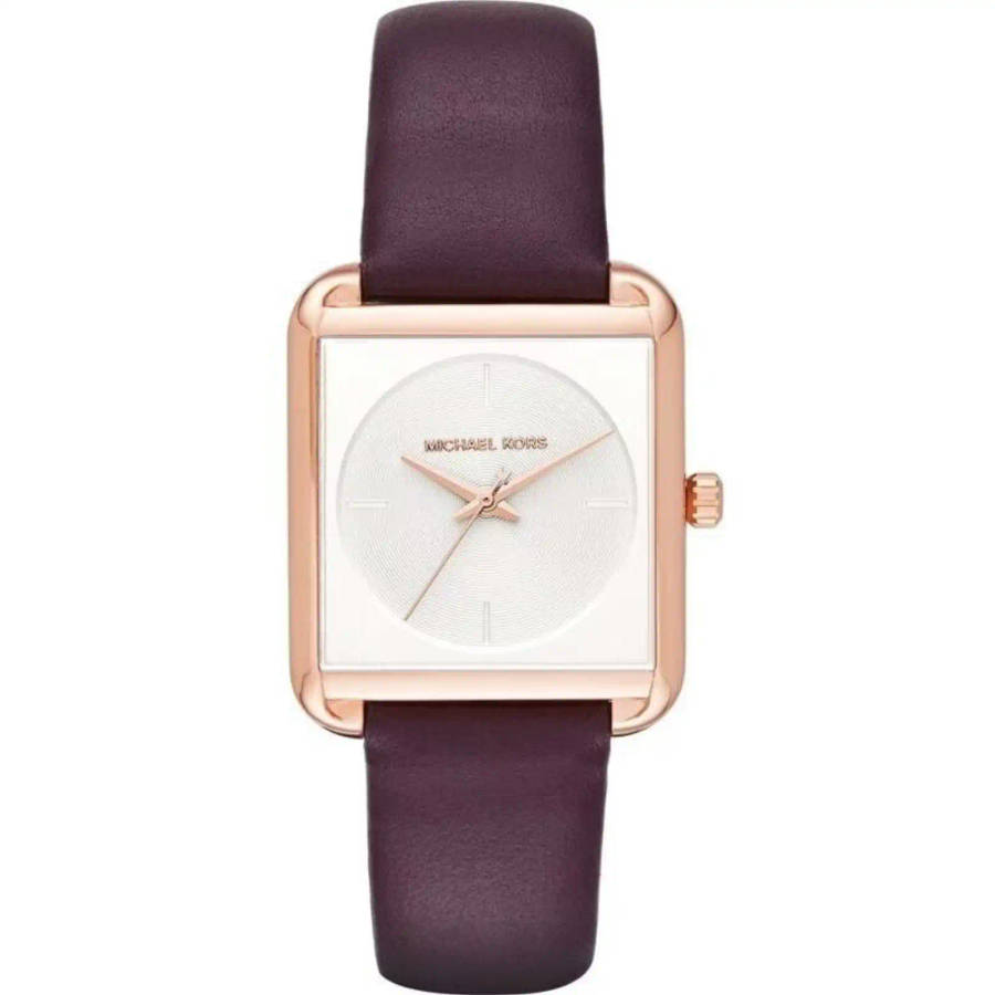 Michael Kors Lake Womens Rose Gold-Tone Square Watch | 32mm Minimalist White Dial with Plum Pu...