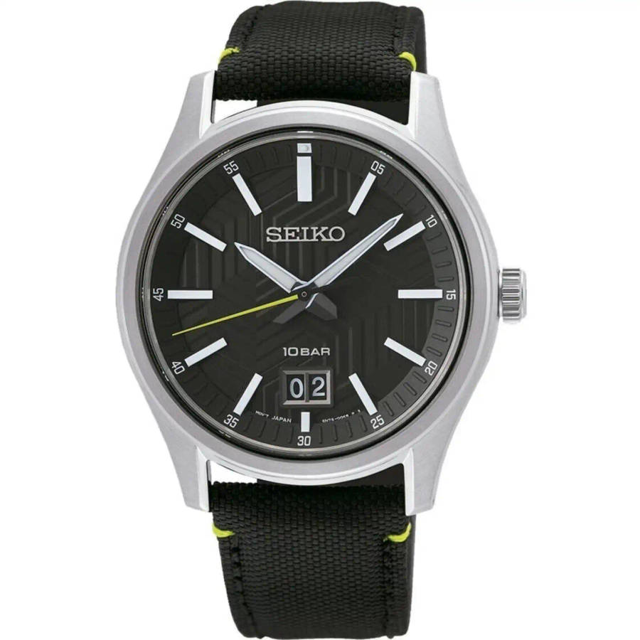 Seiko Big Date Nylon Strap Black Dial Quartz SUR517P1 100M Men's Watch