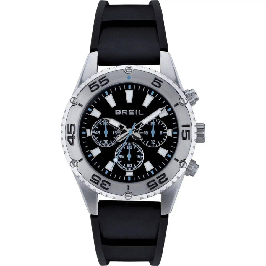 Breil Sprinter 43mm Mens Chronograph  Black Dial, Silver Steel Case & Black Silicone Strap ...