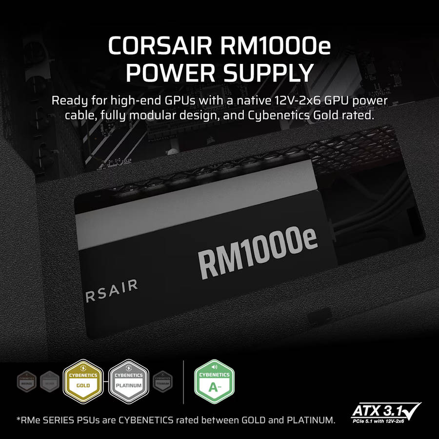 Corsair RM Series RM1000e _ 1000 Watt 80 PLUS Gold Fully Modular ATX PSU; ATX 3.1 and PCIE 5.1 ; ...