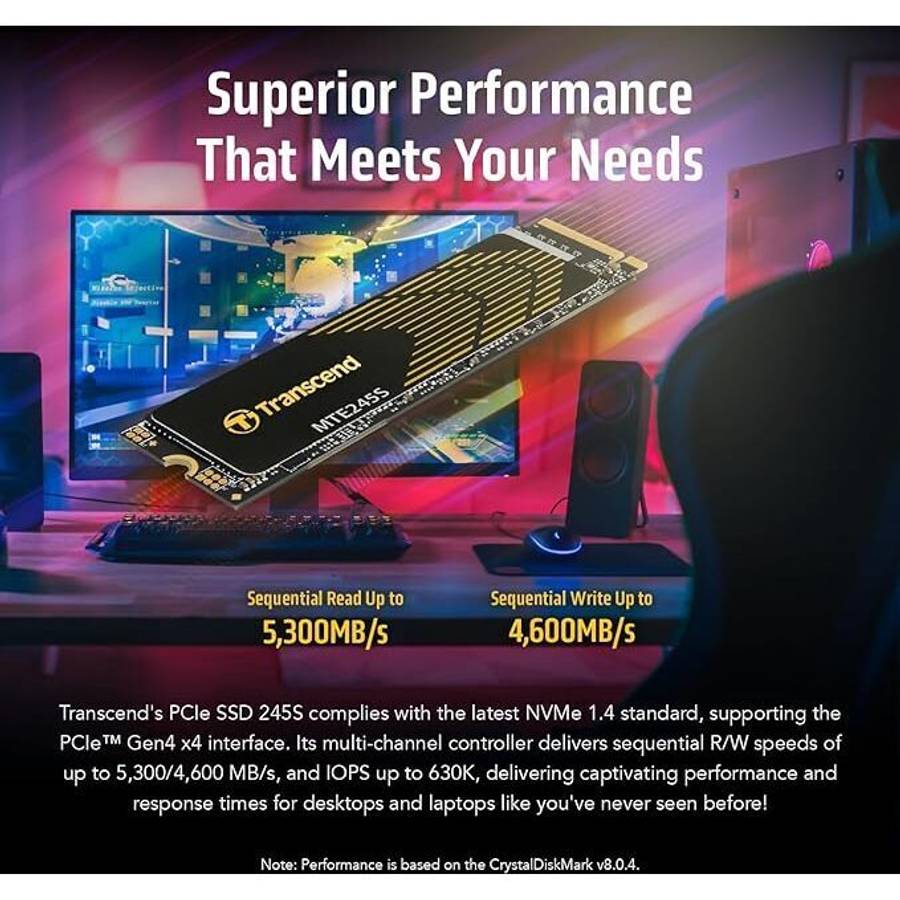 TRANSCEND 1 TB MTE245S PCI-E  GEN 4X4 M.2 NVMe 2280 SSD 3D TLC - 5300 MB/s Read 4600 MB/s Write -...