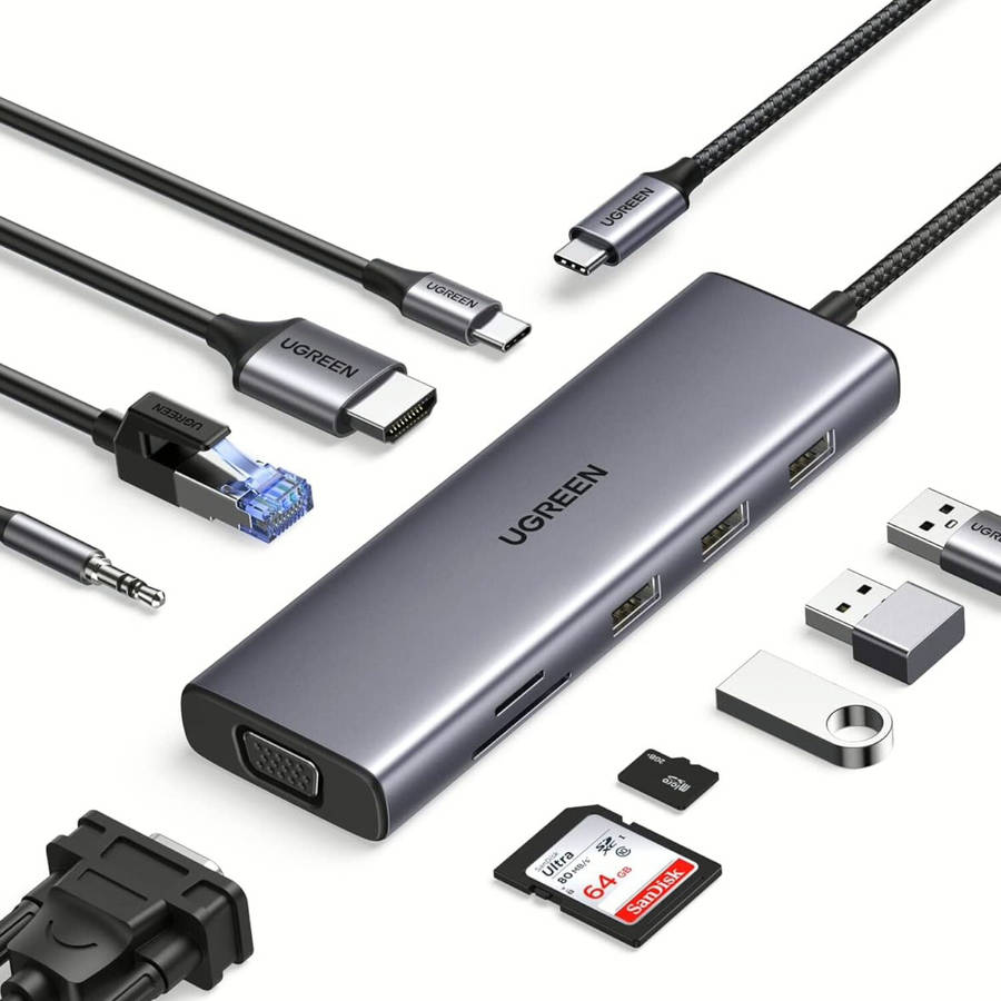 UGREEN 9-in-1 Type-C Hub - SILVER | 3× USB 3.0, 4K HDMI, VGA, RJ45 Gigabit, SD/TF, PD Charging -...