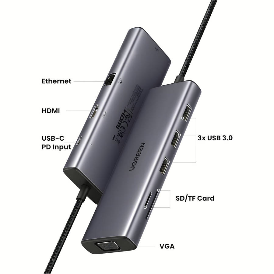 UGREEN 9-in-1 Type-C Hub - SILVER | 3× USB 3.0, 4K HDMI, VGA, RJ45 Gigabit, SD/TF, PD Charging -...