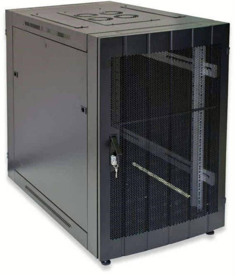 RCT 4U CP Black Wall Mount Cabinet 2x Uprights 2x Glands + Screws 450mm Perforated Door