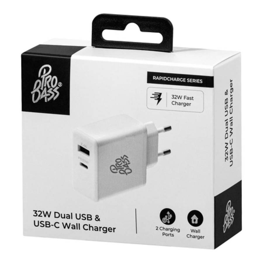 Pro Bass Dual USB Type-C 32W Wall Charger White