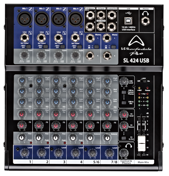 Wharfedale 8-Channel, 4 Mic, 2 Stereo, 2 Bus Mixer with USB